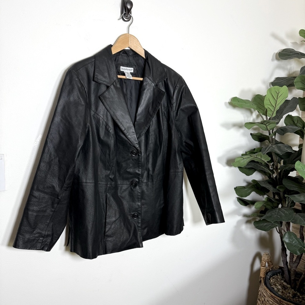 Jessica London Womens Black Leather Jacket Blazer Coat Size 20 Classic Lined